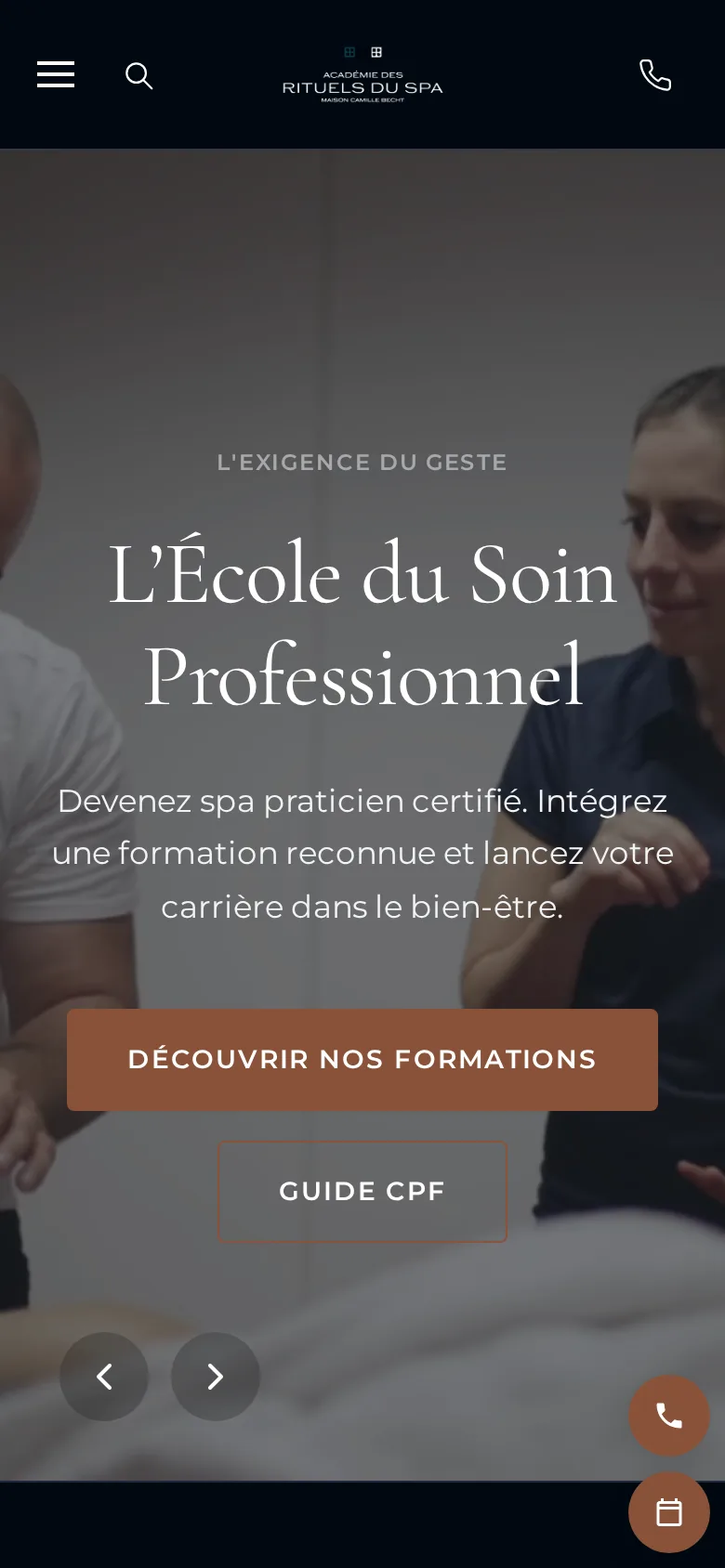 The home page of academie-rituels-spa.fr on a phone, the title « L'École du Soin Professionnel » and the « Découvrir nos formations » button