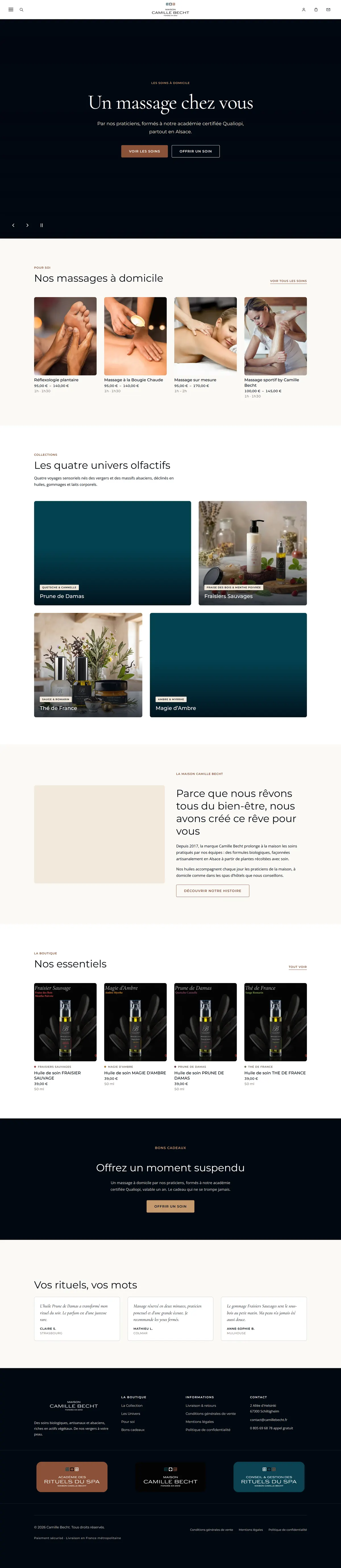 Page d'accueil de la nouvelle boutique Camille Becht en entier, du haut de page au pied de page, sur la préprod