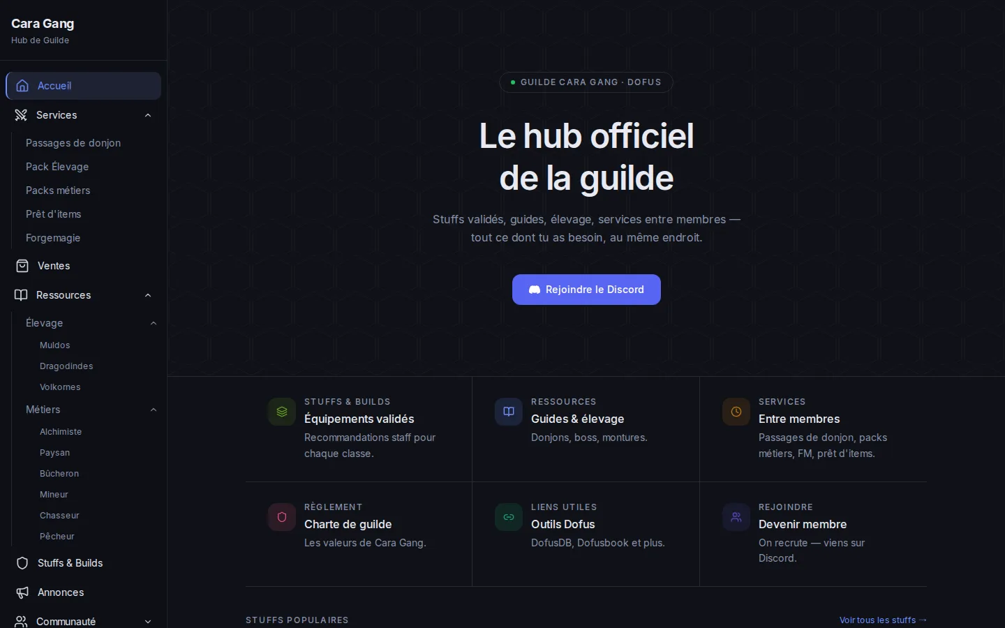 L'accueil du hub Cara Gang : menu des services et ressources à gauche, titre « Le hub officiel de la guilde », bouton vers le Discord