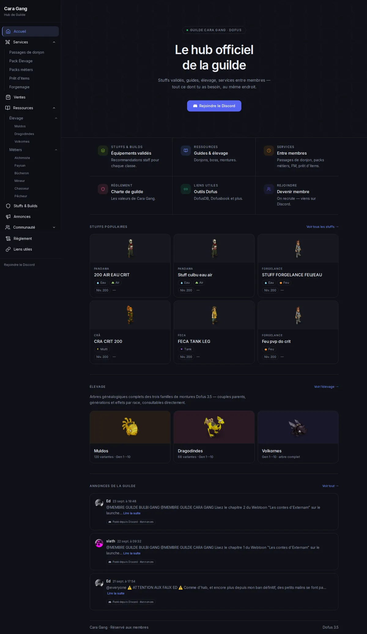 L'accueil du hub Cara Gang, du titre « Le hub officiel de la guilde » aux stuffs populaires, aux familles de montures et aux annonces de la guilde
