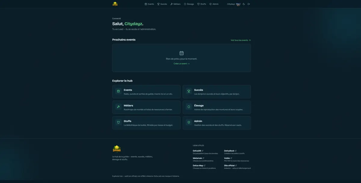 L'accueil d'Euphoria Hub une fois connecté, de la barre de navigation au pied de page