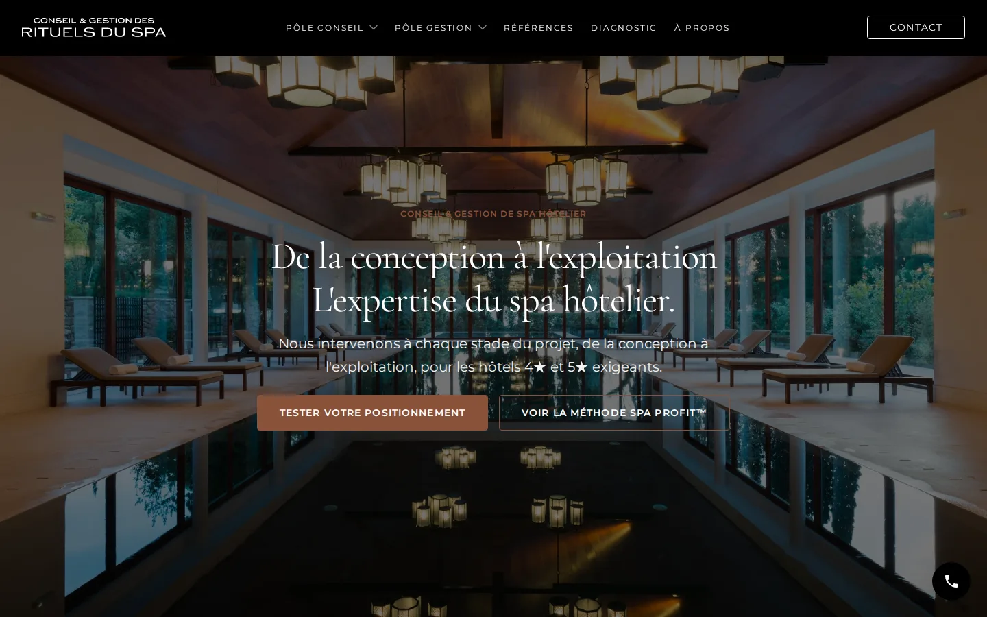 Page d'accueil de gestion-rituels-spa.fr sur grand écran, photo d'un spa d'hôtel et titre « De la conception à l'exploitation »