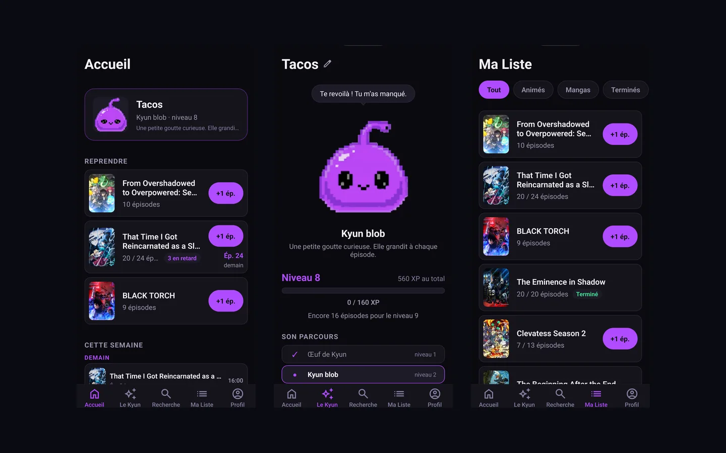 Trois écrans de l'application Kyu côte à côte : l'accueil avec les séries à reprendre, le familier Kyun blob au niveau 8, et la liste des animés suivis