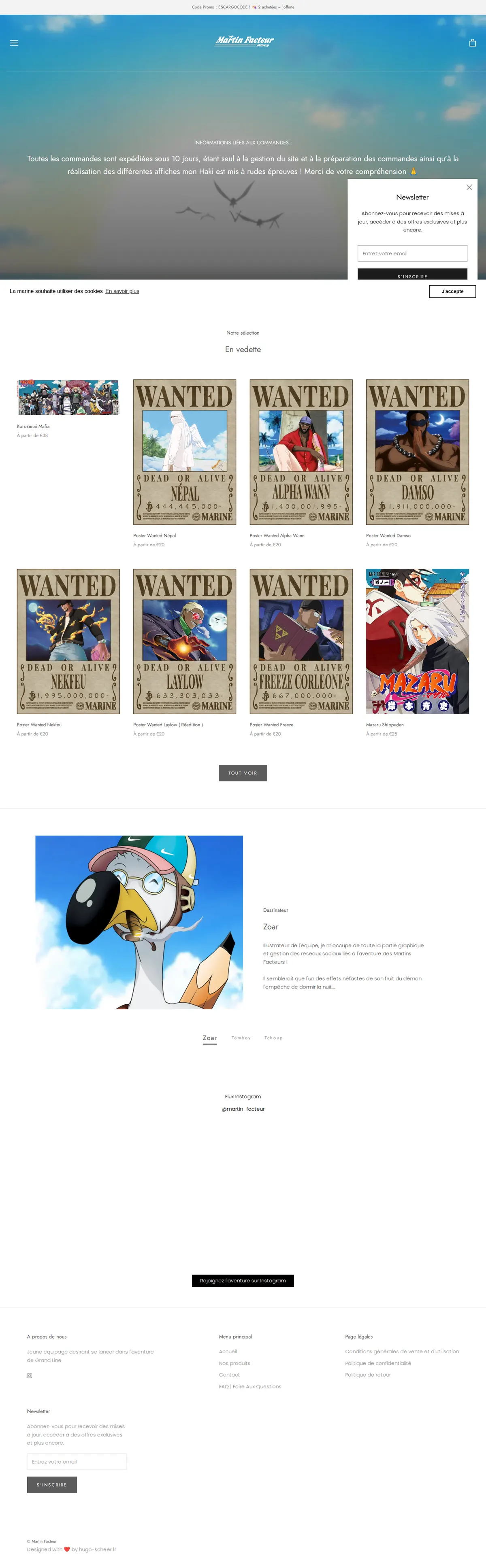 Page d'accueil de martinfacteur.fr en entier, du haut de page au pied de page