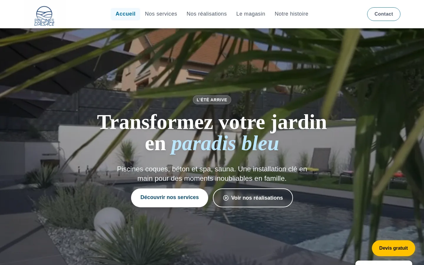 Page d'accueil de piscines-dalsace.fr sur grand écran, titre « Transformez votre jardin en paradis bleu »