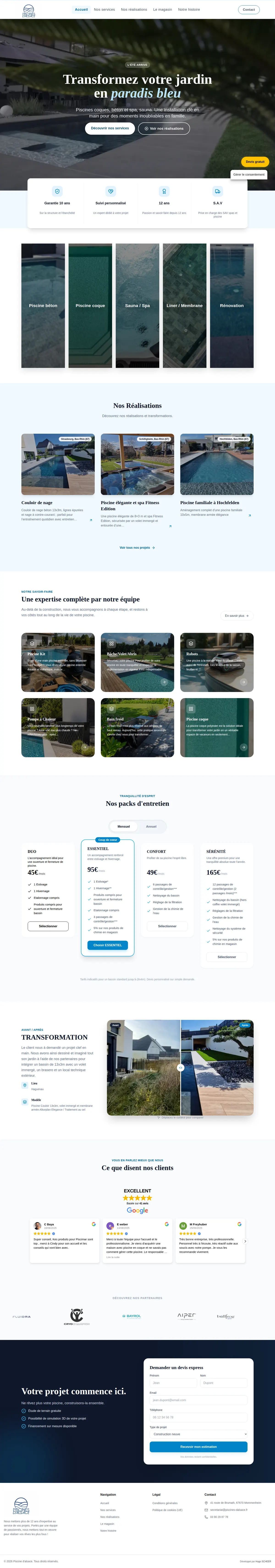 Page d'accueil de piscines-dalsace.fr en entier, du haut de page au pied de page