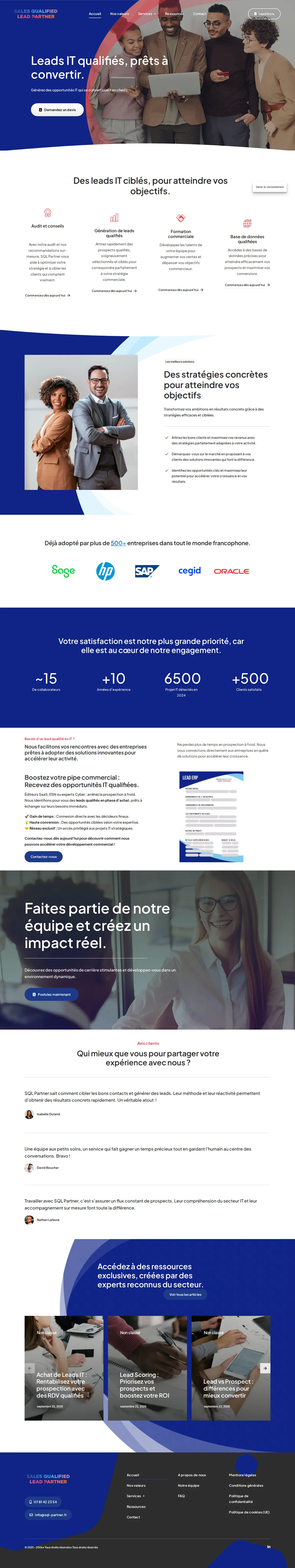 Page d'accueil de sales-qualified-lead.fr en entier, du haut de page au pied de page