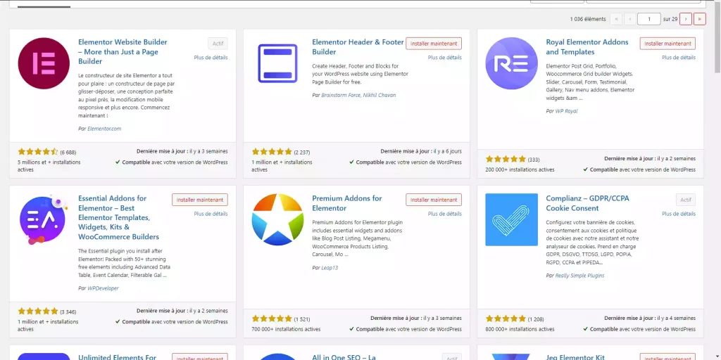 Screenshot des plugins reliés à la recherche du mot : "Elementor"