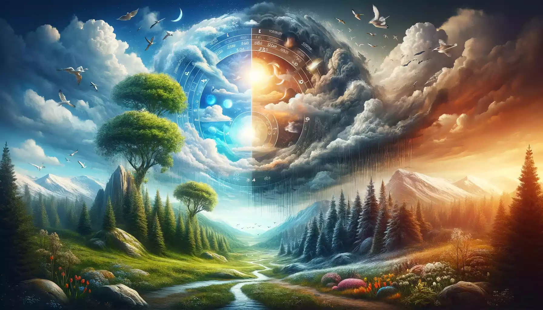 Paysage pittoresque représentant diverses conditions météorologiques.