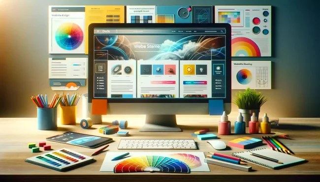 Layout moderne de site web sur écran d'ordinateur avec palette de couleurs et notes, symbolisant la refonte et l'optimisation de site.