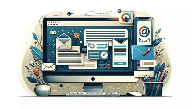 Une illustration montrant un écran d'ordinateur avec un exemple d'email marketing ouvert, présentant un design attrayant, des visuels captivants et une ligne de sujet accrocheuse.