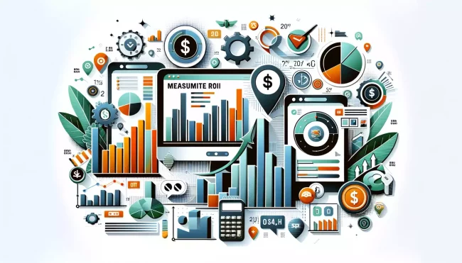 Image de mesure du ROI de site web moderne et engageante, montrant des graphiques, un interface de site web et des symboles financiers