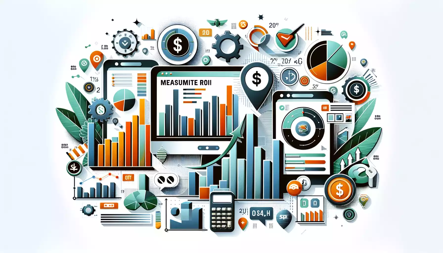 Image de mesure du ROI de site web moderne et engageante, montrant des graphiques, un interface de site web et des symboles financiers