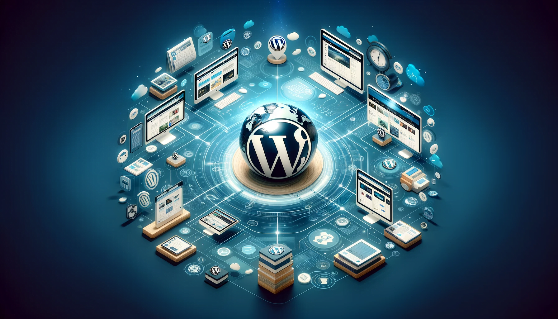 Illustration du logo de WordPress avec différents éléments relatif au web