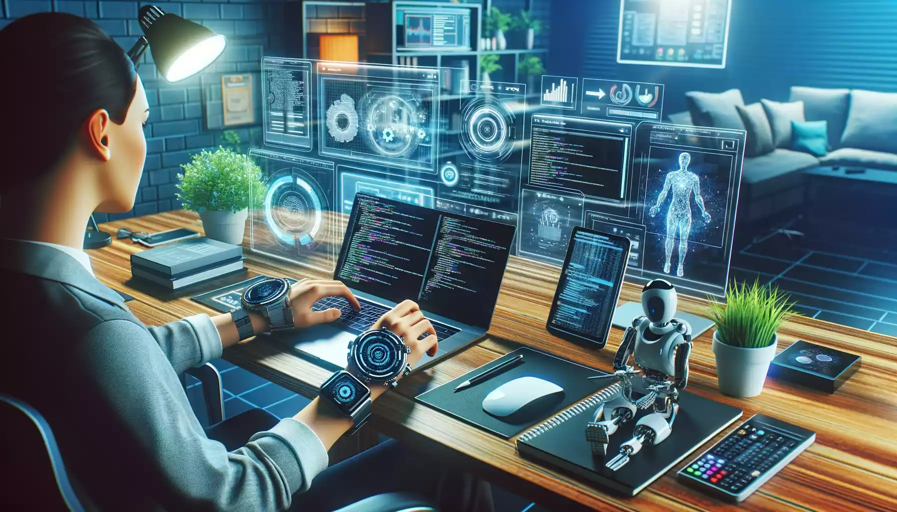 Un environnement technophile montrant une personne travaillant sur un ordinateur portable avec des écrans multiples affichant divers aspects du développement de sites web, dans un espace de bureau moderne et futuriste.