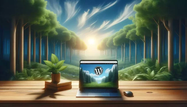 Paysage avec ordinateur portable montrant WordPress et forêt verdoyante en arrière-plan.