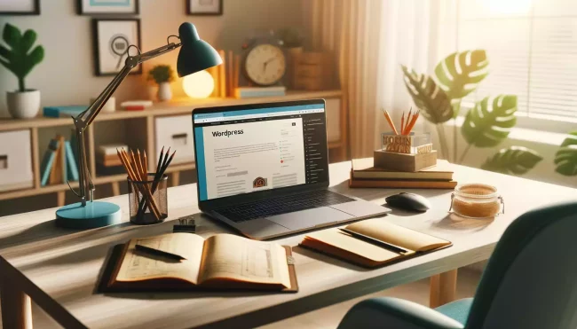 Bureau moderne pour le développement de thèmes WordPress, avec un ordinateur portable, des notes et des livres de programmation.