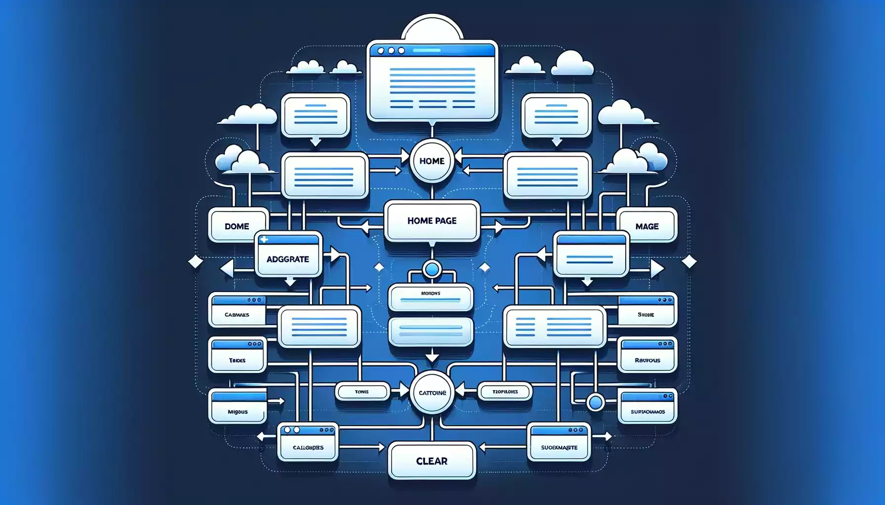 Un organigramme moderne et clair illustrant une architecture de site web bien structurée avec des pages web étiquetées.