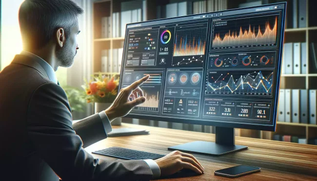 Professionnel surveillant la performance d'un site web sur un grand écran affichant des analyses et graphiques variés.