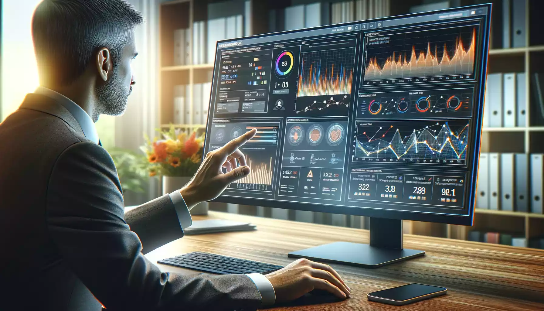 Professionnel surveillant la performance d'un site web sur un grand écran affichant des analyses et graphiques variés.
