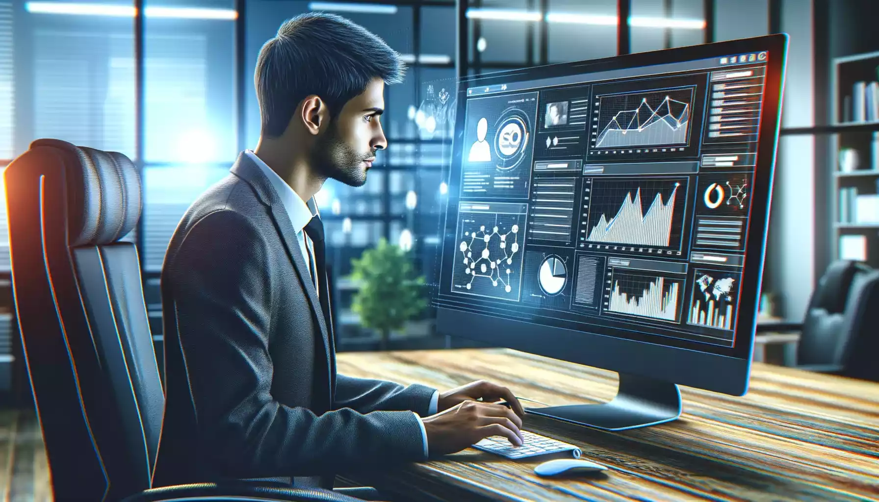 Un environnement technophile montrant une personne travaillant sur un ordinateur portable avec des écrans multiples affichant divers aspects du développement de sites web, dans un espace de bureau moderne et futuriste.