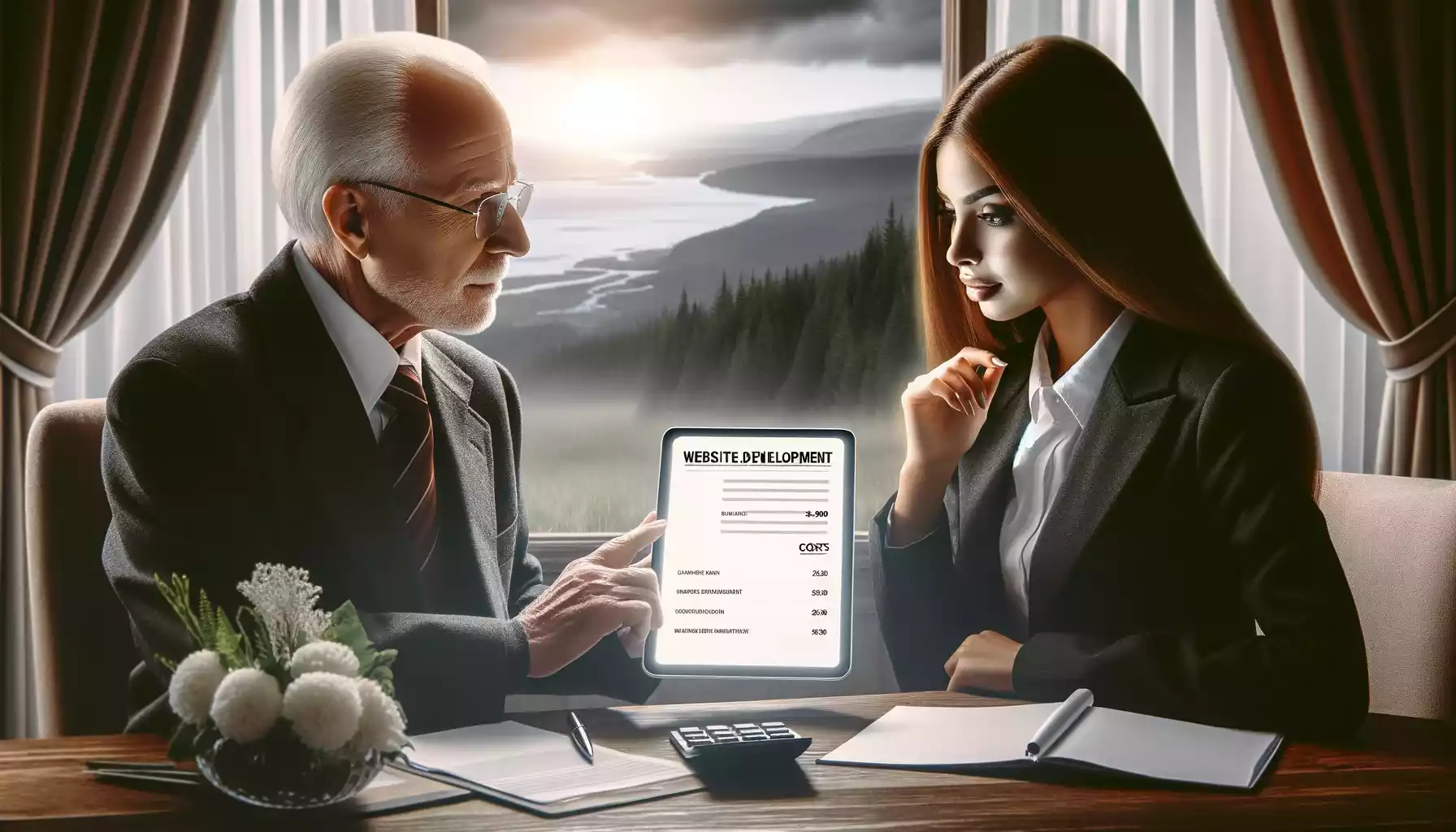 Conseiller financier discutant des coûts de site web avec une cliente.