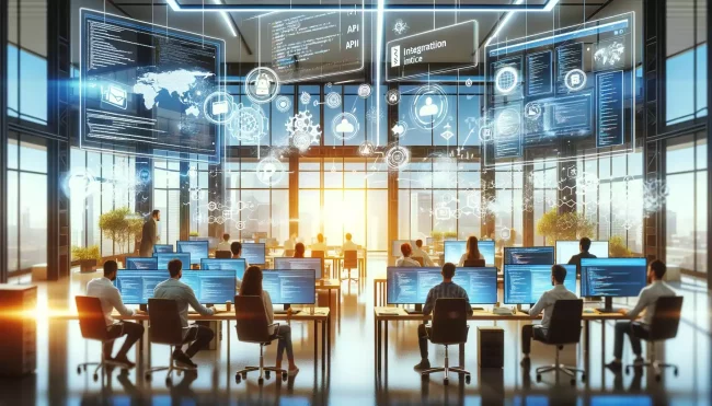 Bureau moderne avec développeurs collaborant sur l'intégration d'API
