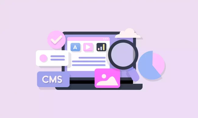 Interface simplifiée d'un CMS avec des icônes et des graphiques sur fond violet clair.