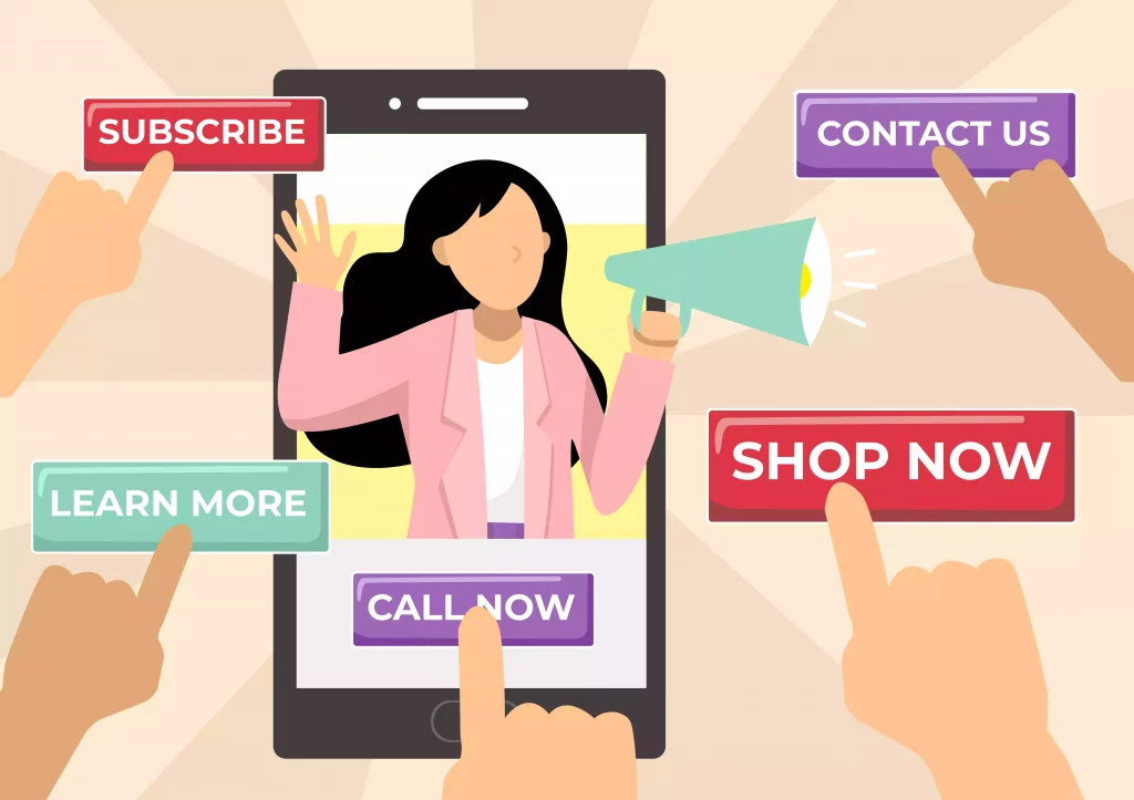 Une femme avec un mégaphone entourée de différents boutons CTA pointés par des doigts.