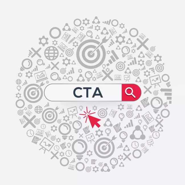 Symboles et icônes divers entourant le texte CTA avec une loupe sur un fond gris neutre.