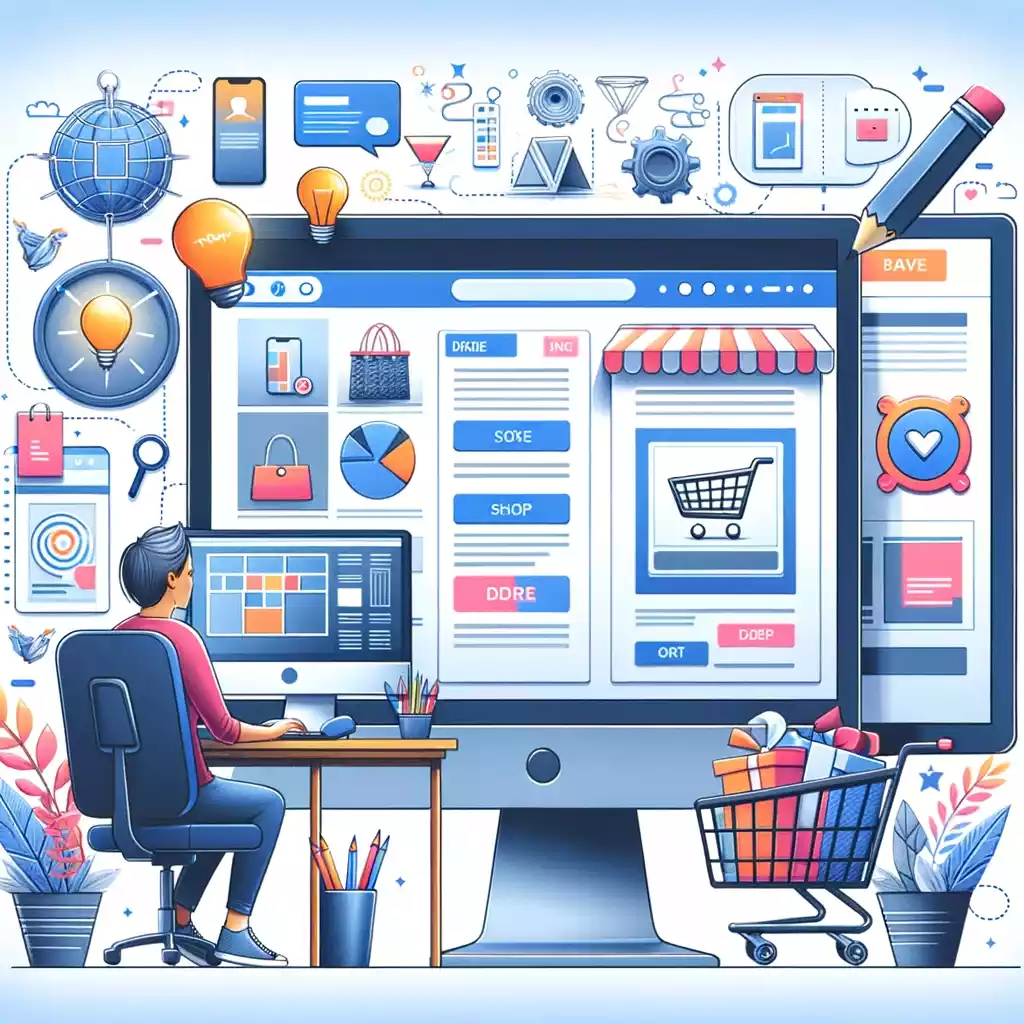 Illustration représentant un homme qui fait le design d'un site e-commerce