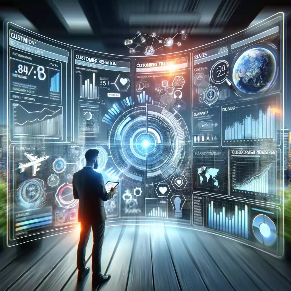 Illustration représentant un homme qui analyse les données d'un site e-commerce